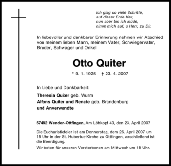 Traueranzeige von Otto Quiter von Tageszeitung