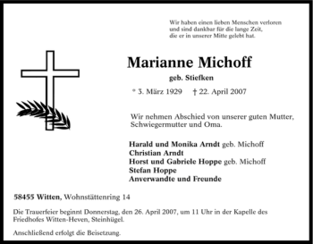 Traueranzeige von Marianne Michoff von Tageszeitung