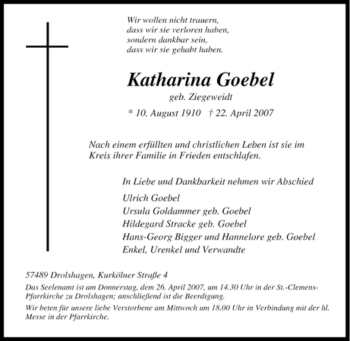 Traueranzeige von Katharina Goebel von Tageszeitung