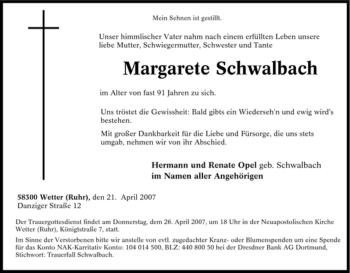 Traueranzeige von Margarete Schwalbach von Tageszeitung