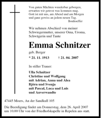 Traueranzeige von Emma Schnitzer von Tageszeitung