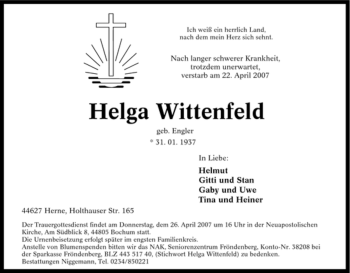 Traueranzeige von Helga Wittenfeld von Tageszeitung