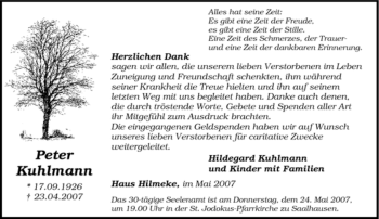 Traueranzeige von Peter Kuhlmann von Tageszeitung