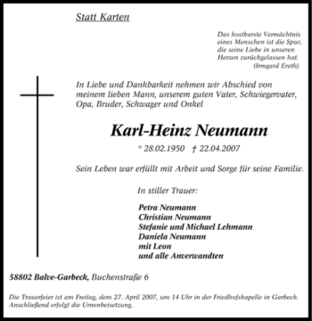 Traueranzeige von Karl-Heinz Neumann von Tageszeitung