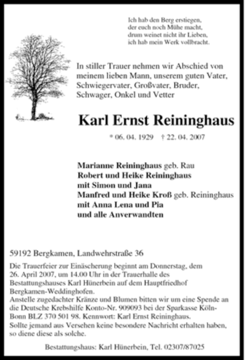 Traueranzeige von Karl Ernst Reininghaus von Tageszeitung
