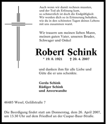 Traueranzeige von Robert Schink von Tageszeitung