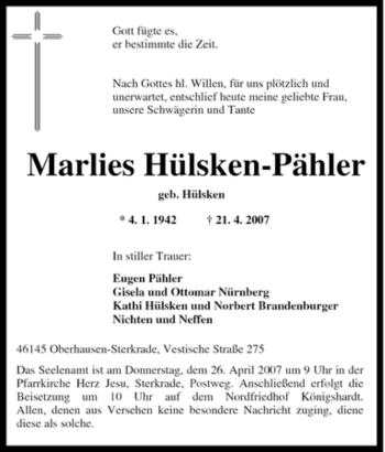 Traueranzeige von Marlies Hülsken-Pähler von Tageszeitung