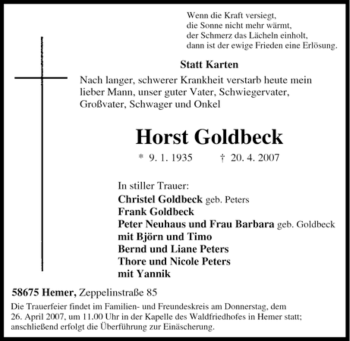 Traueranzeige von Horst Goldbeck von Tageszeitung