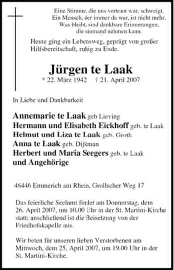 Traueranzeige von Jürgen te Laak von Tageszeitung