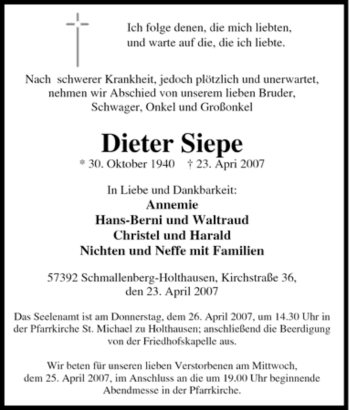 Traueranzeige von Dieter Siepe von Tageszeitung