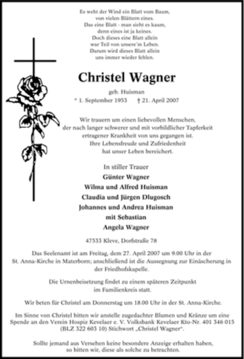Traueranzeige von Christel Wagner von Tageszeitung