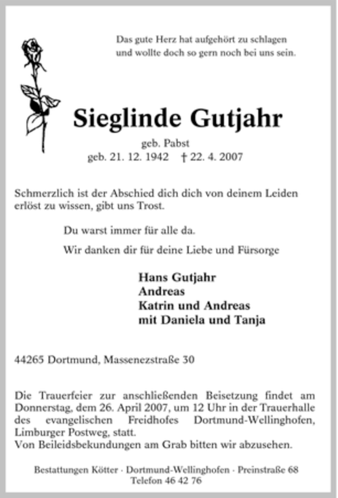  Traueranzeige für Sieglinde Gutjahr vom 24.04.2007 aus Tageszeitung