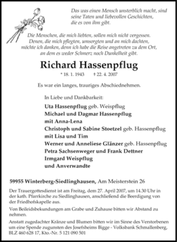 Traueranzeige von Richard Hassenpflug von Tageszeitung