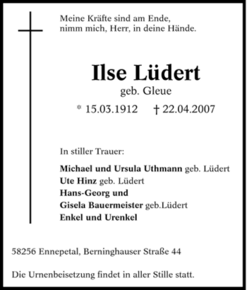 Traueranzeige von Ilse Lüdert von Tageszeitung