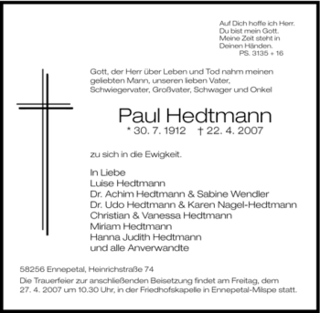 Traueranzeige von Paul Hedtmann von Tageszeitung