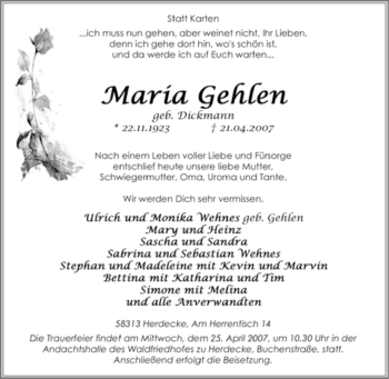 Traueranzeige von Maria Gehlen von Tageszeitung