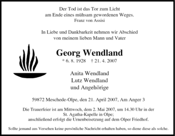 Traueranzeige von Georg Wendland von Tageszeitung