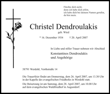 Traueranzeige von Christel Dendroulakis von Tageszeitung