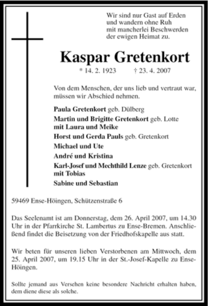  Traueranzeige für Kaspar Gretenkort vom 24.04.2007 aus Tageszeitung