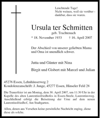 Traueranzeige von Ursula ter Schmitten von Tageszeitung