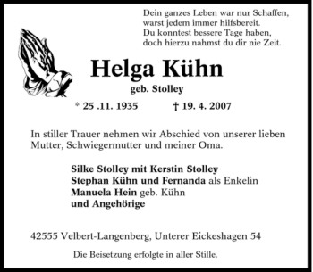 Traueranzeige von Helga Kühn von Tageszeitung