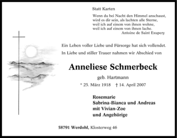Traueranzeige von Anneliese Schmerbeck von Tageszeitung
