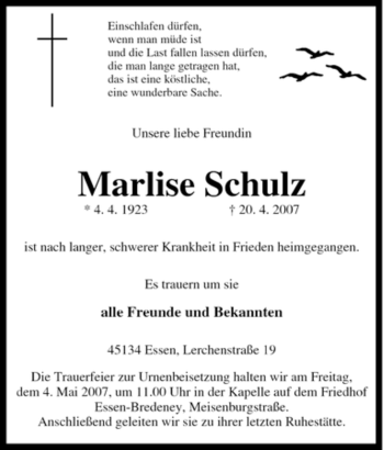 Traueranzeige von Marlise Schulz von Tageszeitung