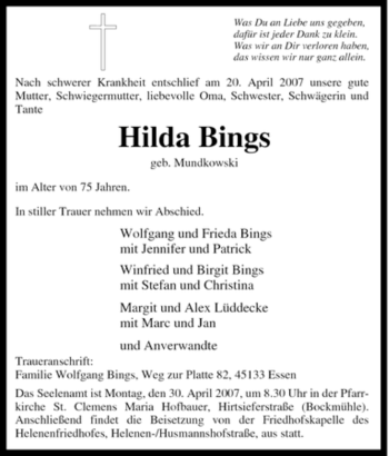 Traueranzeige von Hilda Bings von Tageszeitung