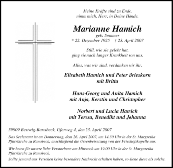 Traueranzeige von Marianne Hamich von Tageszeitung
