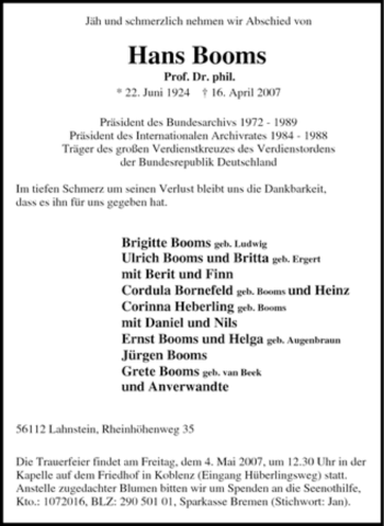 Traueranzeige von Hans Booms von Tageszeitung