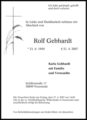 Traueranzeige von Rolf Gebhardt von Tageszeitung