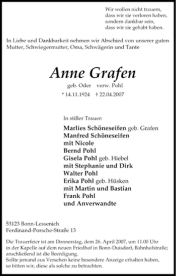 Traueranzeige von Anne Grafen von Tageszeitung
