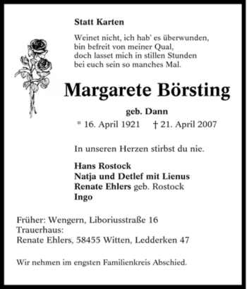 Traueranzeige von Margarete Börsting von Tageszeitung