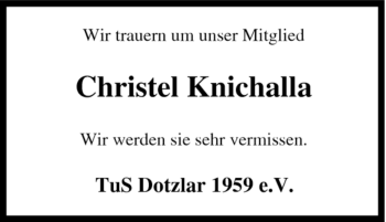 Traueranzeige von Christel Knichalla von Tageszeitung