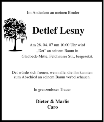 Traueranzeige von Detlef Lesny von Tageszeitung