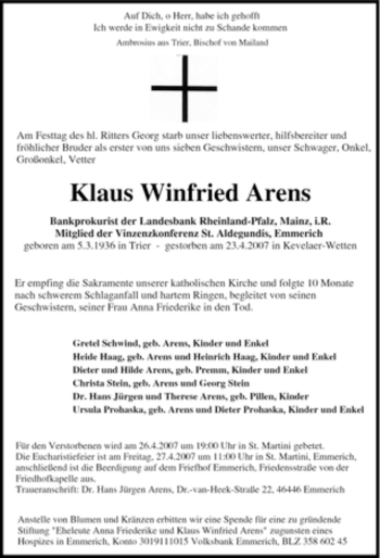 Traueranzeige von Klaus Winfried Arens von Tageszeitung