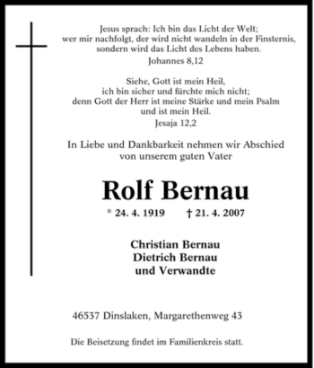 Traueranzeige von Rolf Bernau von Tageszeitung