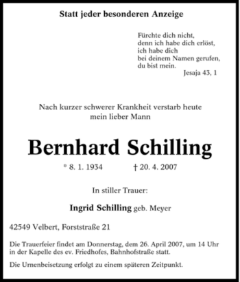 Traueranzeige von Bernhard Schilling von Tageszeitung