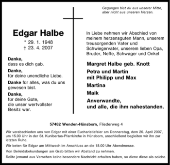 Traueranzeige von Edgar Halbe von Tageszeitung