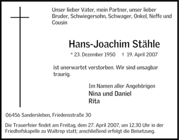 Traueranzeige von Hans-Joachim Stähle von Tageszeitung