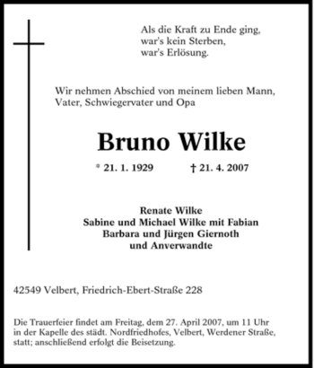 Traueranzeige von Bruno Wilke von Tageszeitung