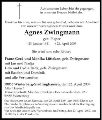 Traueranzeige von Agnes Zwingmann von Tageszeitung