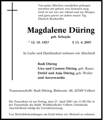 Traueranzeige von Magdalene Düring von Tageszeitung