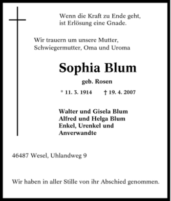 Traueranzeige von Sophia Blum von Tageszeitung