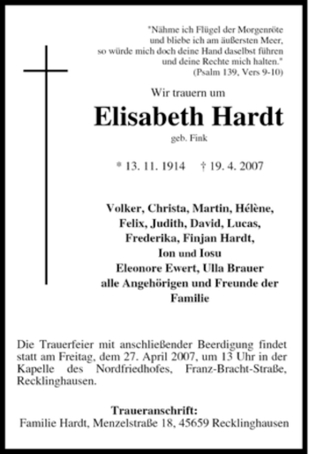Traueranzeige von Elisabeth Hardt von Tageszeitung