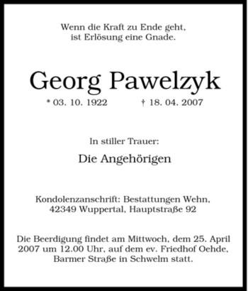 Traueranzeige von Georg Pawelzyk von Tageszeitung