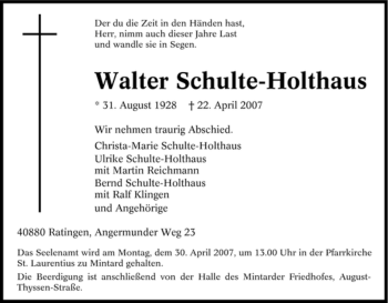 Traueranzeige von Walter Schulte-Holthaus von Tageszeitung