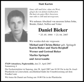Traueranzeige von Daniel Bieker von Tageszeitung