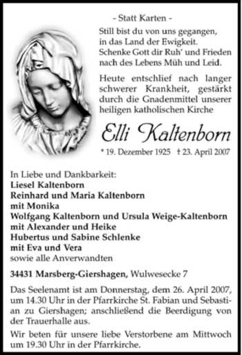 Traueranzeige von Elli Kaltenborn von Tageszeitung