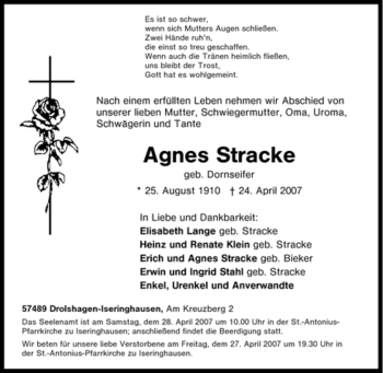 Traueranzeige von Agnes Stracke von Tageszeitung